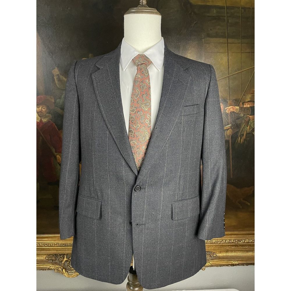 VTG Neiman‎ Marcus 40R USA MADE Wool Flannel Dark Gray Plaid 2Btn Blazer Jacket